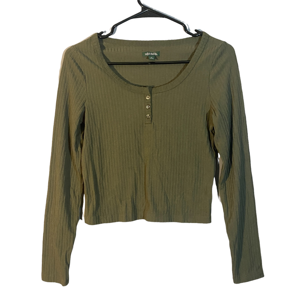 Wild Fable Olive Ribbed Henley Fitted Long Sleeve Cropped Shirt Women Sz S